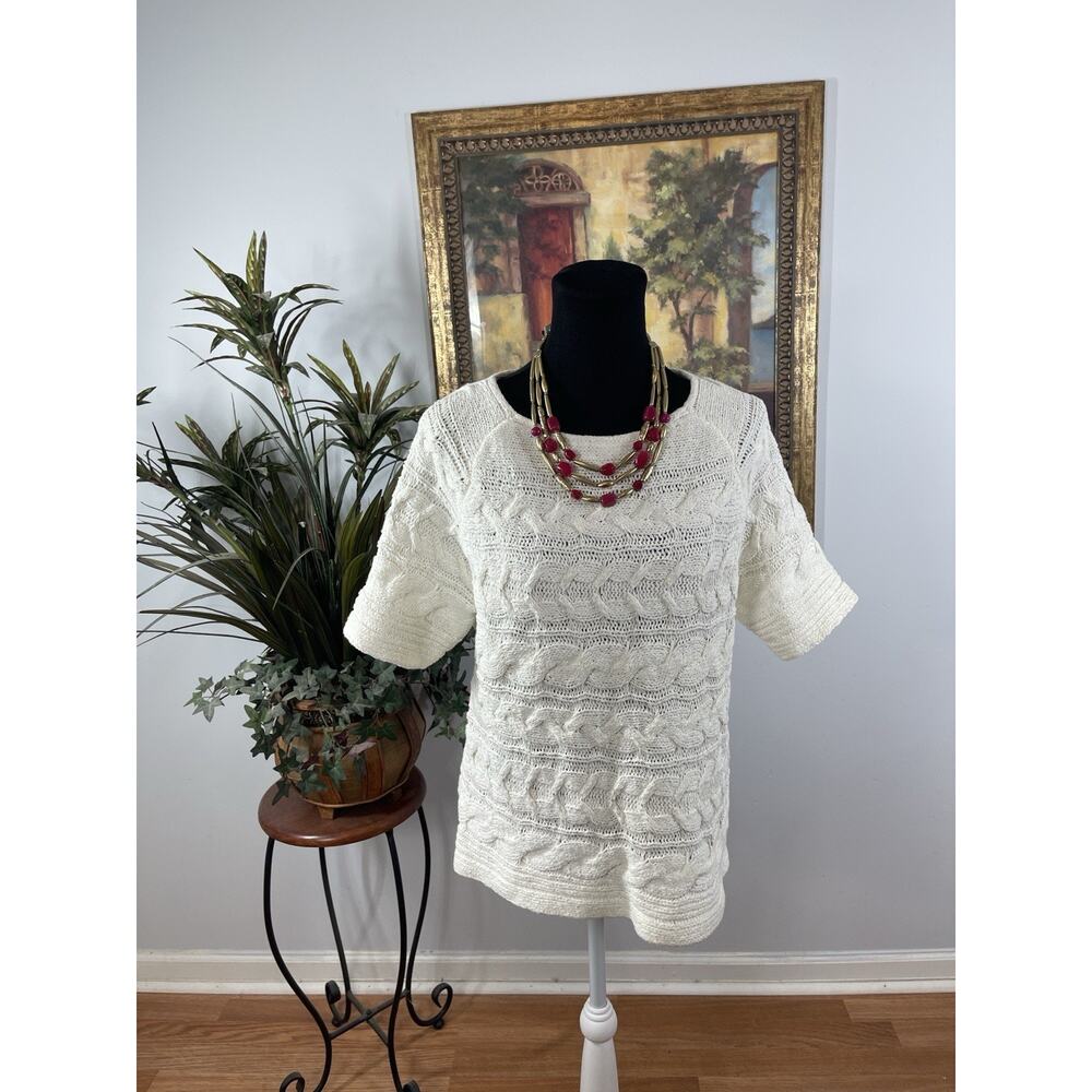 Talbots Petites XL Cable Knit Sweater Cream Short Sleeve Pullover Cotton Cottage